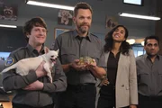 L-R: Fred 'Shred' Taylor (Michael Rowland), Frank Shaw (Joel McHale) Emily Price (Vella Lovell), and Amit Patel (Ravi Patel)