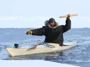 Hazen Audel practices throwing the Inuit seal harpoon. He wants to make sure that he earns the respect of the Inuit people by bringing them a thank you gift for teaching him so much.