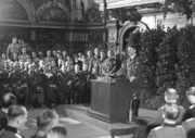 Hitler speaking in Danzig after the German invasion of Poland. He spoke to the German nation and the World from the main hall of the ancient Artus Court. World War 2. Sept. 19, 1939.