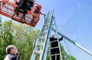 Stark im Team – auf dem Fußballplatz erneuern die Vereinsmitglieder das Ball-Fangnetz.