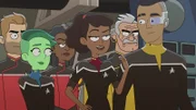 v.li.: Jack Ransom, D'Vana Tendi, Carol Freeman, Beckett Mariner, Lieutenant Shaxs, Sam Rutherford