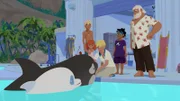 Zoom (v.) hat einen verletzten Orca ins Meeresinstitut gebracht. Yann (v.l.), Marina, Anita, Maimiti und Onkel Patrick rätseln, was zu der Verletzung geführt haben könnte.
