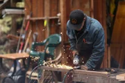 PORT PROTECTION, ALASKA- Sam Carlson welds metal to construct his octopus traps in Port Protection. (Photo Credit: National Geographic Channels/Joshua "J.J." Krehbiel)