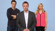 Mystery Diners Amber Coyle and Kiel Kennedy with host Charles Stiles, as seen on Food Network's Mystery Diners (500 and 600 series).