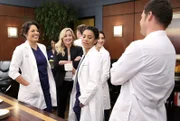 Wollen Bailey zu ihrem neuen Job gratulieren: Callie (Sara Ramirez, l.), Arizona (Jessica Capshaw, 2.v.l.), Amelia (Caterina Scorsone, 2.v.r.), Maggie (Kelly McCreary, M.) und Alex (Justin Chambers, r.) ...