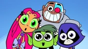 (l-p) Starfire, Beast Boy, Cyborg, Raven