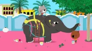 Mouk und Chavapa malen Elefant Sabu bunt an.