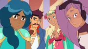 l-r: Mermista (voiced by Vella Lovell), Sea Hawk (voiced by Jordan Fisher), Perfuma (voiced by Genesis Rodriguez), Entrapta (voiced by Christine Woods