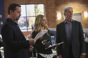 Während das Auffinden einer verwesten Leiche Fragen für das NCIS-Team (Emily Wickersham, M. und Mark Harmon, r.) aufwirft, hat McGee (Sean Murray, l.) gerade andere Sorgen - bei einer Untersuchung von Delilah stellen die Ärzte etwas Ungewöhnliches fest ...