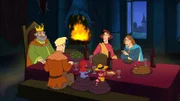 Der König sitzt mit seinen drei Söhnen und Yoyo und Doc Croc am Tisch.