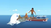 Yann (M.) und Auru (r.) verstehen nicht, wieso Delfin Zoom die Fische, die sie gefangen haben, zurück ins Meer ziehen will.