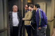 L-R: Prof. Sharpe (Paul Wilson), Leonard Hofstadter (Johnny Galecki), Howard Wolowitz (Simon Helberg), Rajesh Koothrappali (Kunal Nayyar).