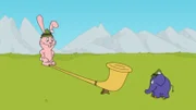 Hase und Elefant spielen ein Alpenhorn.