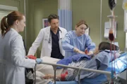 Kämpfen um das Leben von Daphne (Meredith Salenger, r.): Meredith (Ellen Pompeo, 2.v.r.), Riggs (Martin Henderson, 2.v.l.) und Blake (Samantha Sloyan, l.) ...