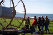 Adam Savage discusses the next panjandrum test with William Walby, Becky Green, Jim Green, and Tony Alcocer – rocket and pyrotechnic enthusiasts.