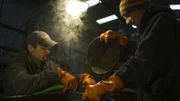 George Young and Chris "Turtle" Thornton cleaning Myrtle Irene gold.