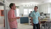 The production crew sets up as buyers Bryan Brightbill (L) and Taylor Jensen (R) admire this dining area at Blue Bungalow in Kill Devil Hills, NC, as seen on HGTV's Beachfront Bargain Hunt.