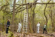 Mit einem Baum in die Höhe gewachsen finden die Spurensicher*Innen Jutta Specht (Gabriele Völsch, 2. v. r.) und Thomas Brandner (Yung Ngo, 2. v. l.) ein fünfzehn Jahre altes Skelett. Luna Kunath (Caroline Erikson, r.) und Tamara Meurer (Anja Pahl, l.) setzten sich daraufhin mit all den zurückliegenden Vermisstenfällen von damals auseinander.
