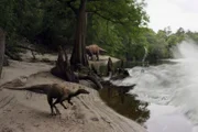 Landschaft VFX Bild von Dinosauriers auf der Sandbank von Tanis, während sich eine riesige Brandungswelle nähert.