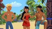 Yann (l.), Timeti (M.) und Auru (r.) beraten, was man gegen den Müll im Meer tun könnte. Yann denkt über einen Müllsauger nach.