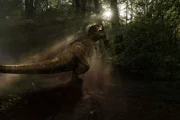 T-Rex in nebliger Waldumgebung