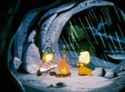 Nachdem Wickie und Ylvi vom Sturm überrascht wurden, sind sie schließlich auf einer kleinen einsamen Insel gestrandet. Wickie macht ein Feuer, zum Aufwärmen.