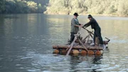 Flößer, Floßfahrt auf der Mur bei Übelstein, Flößer sind von der Marinekameradschaft Prinz Eugen, Josef Standler und Manfred Pöttler.