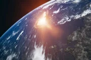 Landschafts VFX Bild von Chicxulub Asteroideneinschlag auf die Erde vom Weltraum aus gesehen