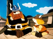 Halvar und Snorre beraten, ob die Prinzessin an Bord bleiben kann – sie befürchten Schwierigkeiten mit den Soldaten des Königs.