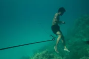 Kabalutan, Central Sulawesi, INDONESIA - Fandi, an expert Bajau Laut fisherman, shows the OSR crew his freediving prowess as he hunts for fish with his handmade spear gun.    (photo credit: National Geographic)