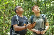 Amir Finches (li.) und Umweltaktivist Shane Chiok (re.) beobachten wilde Singvögel auf der Insel Pulau Ubin vor Singapur.