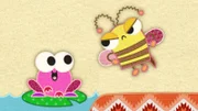Der Frosch auf meiner Schmusedecke singt sehr gern. Leider klingen seine Lieder so schief.