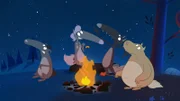 Johsua, Wolfine, Wolf und Groß-Ludwig erzählen sich Geschichten am Lagerfeuer.