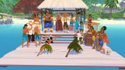 Timeti (v.l.) und Ramana (v.r.) führen ein schamanisches Ritual durch aus Freude darüber, dass das Zepter von Ramana wieder funktioniert. Das ganze Dorf freut sich mit ihnen.