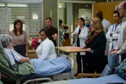 "Grey's Anatomy", "Schatten und Licht." April hat nach der Baby-Pause wieder ihren ersten Arbeitstag. Eigentlich sollte Jackson auf Harriet aufpassen, der wird aber zu einem dringenden Fall gerufen. Und so bietet sich kurzerhand Owen an, auf das Baby aufzupassen. Er ahnt nicht, dass Amelia vermutet schwanger zu sein. Doch sie weiß nicht, wie sie Owen davon erzählen soll. Währenddessen lässt Riggs nicht locker, er flirtet weiterhin mit Meredith. Und Bailey ist gut aufgelegt. Sie hat für ältere Patientin eine Spenderleber organisiert. Die Dame hat über drei Jahre auf das Organ gewartet.Im Bild (v.li.): Phoebe Dorin (Granny June), Henree Alyse (Lily), Chandra Wilson (Dr. Miranda Bailey), Ellen Pompeo (Dr. Meredith Grey), James Pickens Jr. (Dr. Richard Webber), Giacomo Gianniotti (Dr. Andrew DeLuca), Andrew Thacher (Sean).