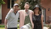 FROM LEFT TO RIGHT: MICHAEL O'HARA, HOST DAVID BROMSTAD, AND MIA O'HARA POSE FOR A PICTURE OUTSIDE OF HOUSE 2, TITMOUSE TRAIL, HERO