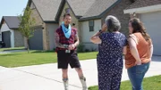 FROM LEFT TO RIGHT: HOST DAVID BROMSTAD, KATHRYN SUE TAYLOR, AND NICOLE GOLLIHAR MEET OUTSIDE OF HOUSE 3, REDBUD RIDGE, HERO