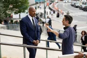 LAW & ORDER -- "Report Card" Episode 24005 -- Pictured: (l-r) Mehcad Brooks as Det. Jalen Shaw; Nestor Carbonell, Director -- (Photo by: Virginia Sherwood/NBC)
