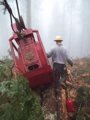 Ax men Season2 Clash of the Titans, Ax Men Staffel2 Aufholjagd Logger walking on a log next to red carriage..