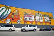 Ein Wandgemälde des Eastern Market in Detroit, dem größten historischen öffentlichen Markt in den Vereinigten Staaten. Ein Wandgemälde des Eastern Market in Detroit, dem größten historischen öffentlichen Markt in den Vereinigten Staaten.
