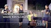 Für eine Woche kehren sie den großen Konzertbühnen den Rücken und gehen auf musikalische Walz durch den für sie unbekannten Osten Deutschlands – zu Fuß, ohne Geld, ohne Handy, nur mit einer Landkarte als Orientierung. Sie sind angewiesen auf Menschen, die ihnen ihr Haus und ihr Herz öffnen - im Tausch gegen ein spontanes Konzert. (v.l.n.r.) Annette Walther – Geige , Barbara Schachtner – Gesang, Anna Beitzl-Reitmeier – Cello, Frieda Imhorst – Bratsche