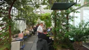 Genießen und Verweilen unter schattigen Bäumen. Ein Besuch in Berlins Gartenlokalen. Was macht sie so beliebt? 30 gute Tipps für einen schönen Sommerabend. - Café im Gewächshaus