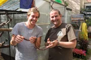 Checker Tobi zusammen mit dem Tierarzt Markus Baur und einer Königsnatter in der Reptilienauffangstation München.
