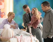 LAW & ORDER: SPECIAL VICTIMS UNIT -- "A Story of More Woe" Episode 2013 -- Pictured: (l-r) Kelli Giddish as Detective Amanda Rollins, Peter Scanavino as Dominick "Sonny" Carisi, Charlotte and Vivian Cabell as Jesse Rollins, Ice T as Odafin "Fin" Tutuola.