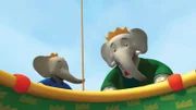 Babar und Badou sind amüsiert darüber, wie Rhudi in den Ballon gefallen ist.