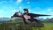 Ailina (oben Mitte) und Tipsar (oben links) bringen Herzog Miteo (oben rechts) auf Drache Brandarium (unten Mitte) nach Frondosa, um ihm dort mit der Königin von Frondosa bekanntzumachen.
