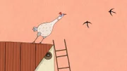 Das Huhn ist fasziniert von der Anmut der Schwalben, wie sie am Himmel ihre eleganten Flugmanöver zeigen.