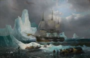 HMS 'Erebus' in the Ice, 19th century (oil painting) by Musin, Francois Etienne; 114.5x178 cm; National Maritime Museum, London, UK; This painting refers to HMS 'Erebus's' Arctic venture under the command of Sir John Franklin. In this painting Musin shows the vessel surrounded by icebergs, but still in open water. A gloomy sky is only allowing some sunlight unto the scene, causing a stage-like effect in the composition.
