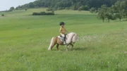 Laura trainiert mit ihrem Mini-Shetty auf dem Reitplatz das Springen.