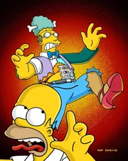 Professor Frink soll mit dem Nobelpreis ausgezeichnet werden. Damit sein verstorbener Vater diesem großen Moment beiwohnen kann, erweckt Frink ihn wieder zum Leben. Doch Frink senior (hinten) dreht durch und hat es auf Homer (vorne) abgesehen ...
